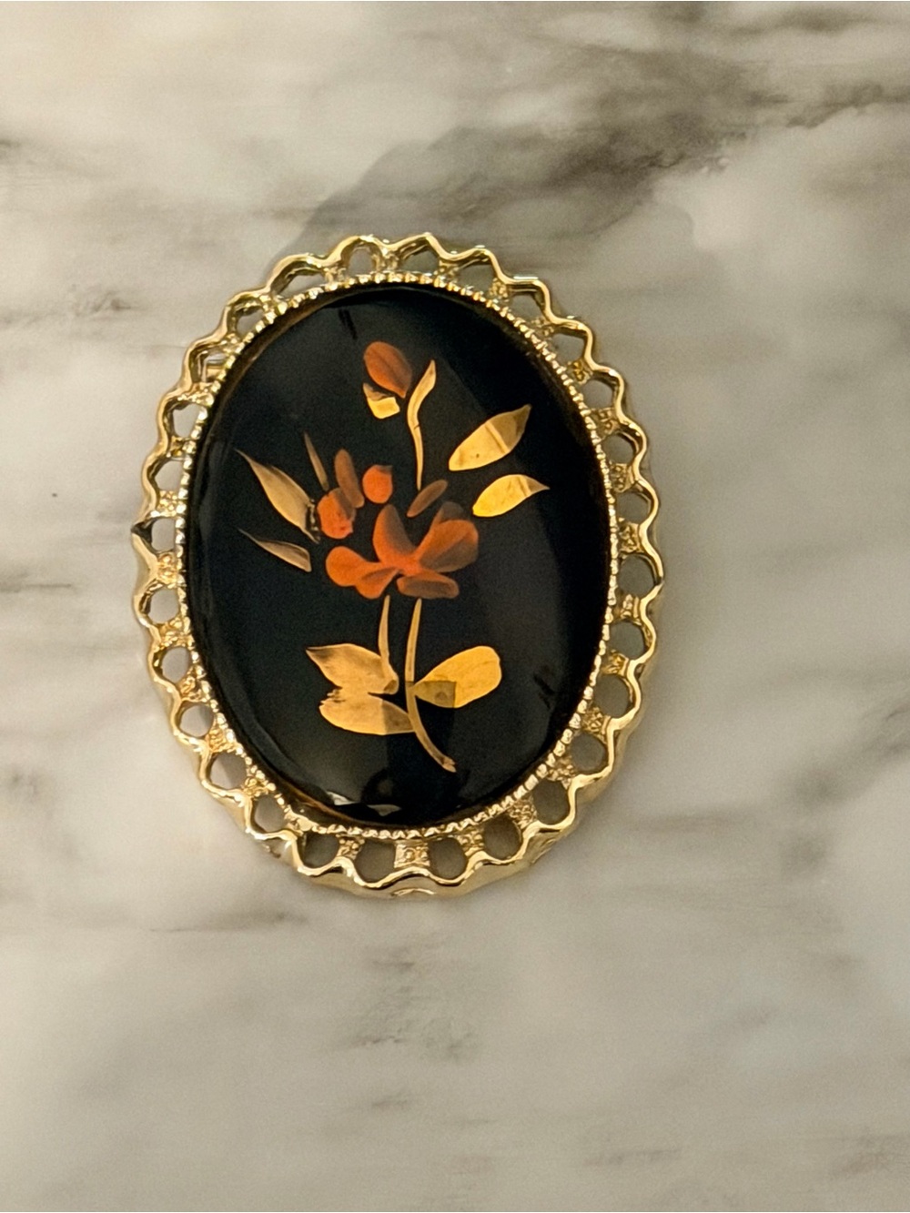 Vintage Black Glazed Glass Porcelain Hand Painted Floral Spray Brooch / Pendant